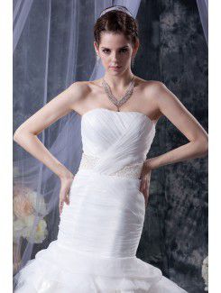 Tulle Satin Strapless Cathedral Train Mermaid Wedding Dress with Sequins Ruffle