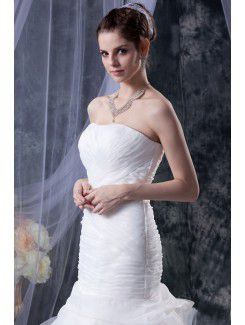 Tulle Satin Strapless Cathedral Train Mermaid Wedding Dress with Sequins Ruffle