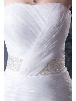 Tulle Satin Strapless Cathedral Train Mermaid Wedding Dress with Sequins Ruffle