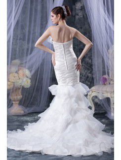 Organza Strapless Court Train Mermaid Wedding Dress with Ruffle Hand-made Flower