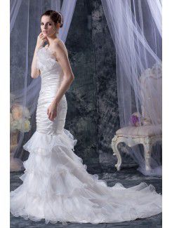 Organza Strapless Court Train Mermaid Wedding Dress with Ruffle Hand-made Flower