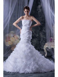 Raso e tulle senza spalline cattedrale treno sirena abito da sposa con volant