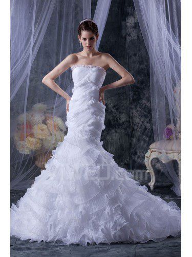 Satin and Tulle Strapless Cathedral Train Mermaid Wedding Dress with Ruffle