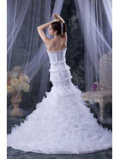 Satin and Tulle Strapless Cathedral Train Mermaid Wedding Dress with Ruffle