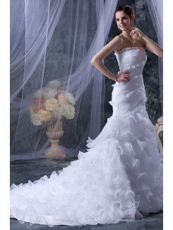 Satin and Tulle Strapless Cathedral Train Mermaid Wedding Dress with Ruffle