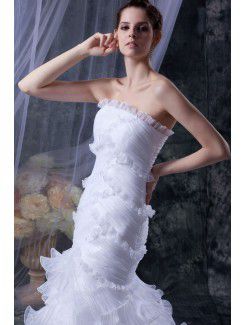 Satin and Tulle Strapless Cathedral Train Mermaid Wedding Dress with Ruffle