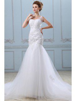 Satin and Grenadine Sweetheart Sweep Train Mermaid Wedding Dress with Ruffle Embroidered