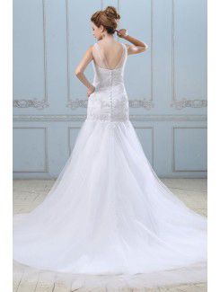 Satin and Grenadine Sweetheart Sweep Train Mermaid Wedding Dress with Ruffle Embroidered