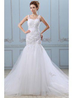 Satin and Grenadine Sweetheart Sweep Train Mermaid Wedding Dress with Ruffle Embroidered