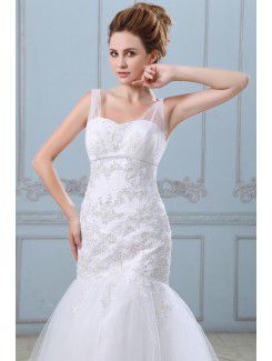 Satin and Grenadine Sweetheart Sweep Train Mermaid Wedding Dress with Ruffle Embroidered