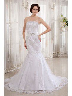 Lace Satin Strapless Court Train Mermaid Wedding Dress