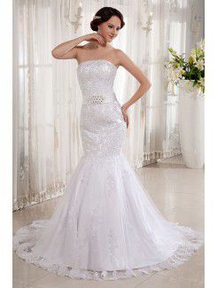 Lace Satin Strapless Court Train Mermaid Wedding Dress