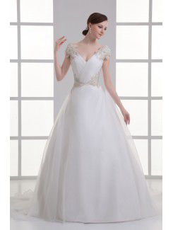 Organza V-Neckline Ball Gown Sweep Train Embroidered Wedding Dress