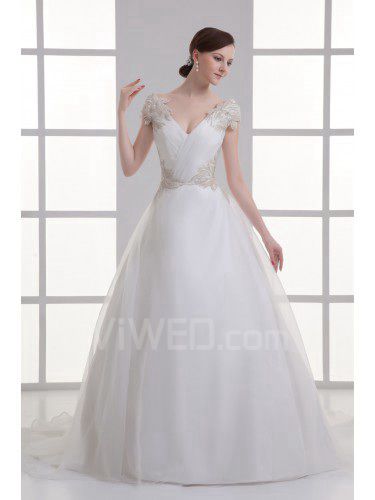 Organza V-Neckline Ball Gown Sweep Train Embroidered Wedding Dress