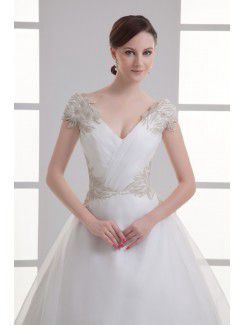 Organza V-Neckline Ball Gown Sweep Train Embroidered Wedding Dress