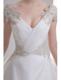 Organza V-Neckline Ball Gown Sweep Train Embroidered Wedding Dress