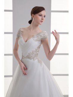 Organza V-Neckline Ball Gown Sweep Train Embroidered Wedding Dress