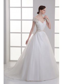 Organza V-Neckline Ball Gown Sweep Train Embroidered Wedding Dress