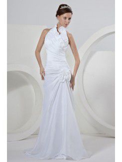 Taffeta Halter Sweep Train Sheath Wedding Dress with Ruffle