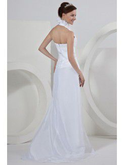 Taffeta Halter Sweep Train Sheath Wedding Dress with Ruffle