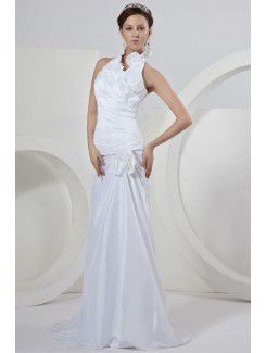 Taffeta Halter Sweep Train Sheath Wedding Dress with Ruffle