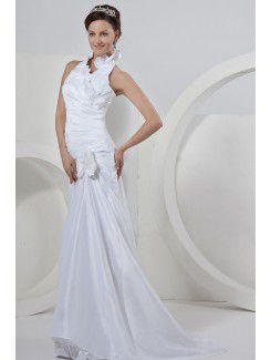 Taffeta Halter Sweep Train Sheath Wedding Dress with Ruffle