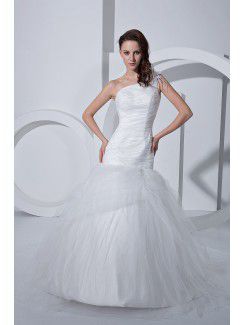 Satin Tulle One-Shoulder Sweep Train Mermaid Wedding Dress with Ruffle