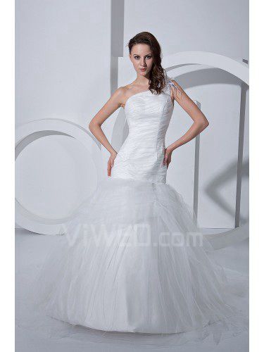 Raso tulle una spalla sweep treno abito da sposa sirena con volant