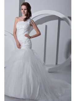 Satin Tulle One-Shoulder Sweep Train Mermaid Wedding Dress with Ruffle