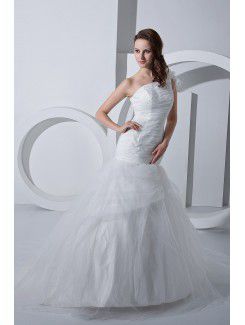 Satin Tulle One-Shoulder Sweep Train Mermaid Wedding Dress with Ruffle