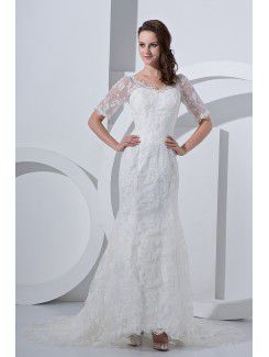 Satin V-Neck Court Train Sheath Wedding Dress with Lace and Short Sleeves