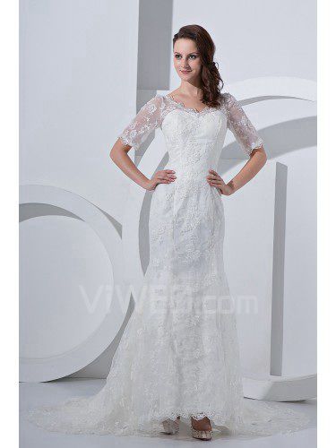 Satin V-Neck Court Train Sheath Wedding Dress with Lace and Short Sleeves