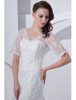 Satin V-Neck Court Train Sheath Wedding Dress with Lace and Short Sleeves