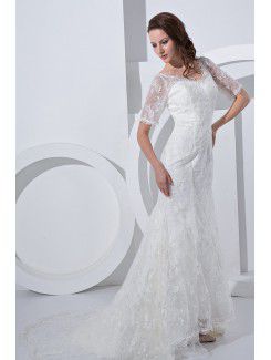 Satin V-Neck Court Train Sheath Wedding Dress with Lace and Short Sleeves