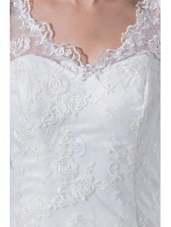 Satin V-Neck Court Train Sheath Wedding Dress with Lace and Short Sleeves