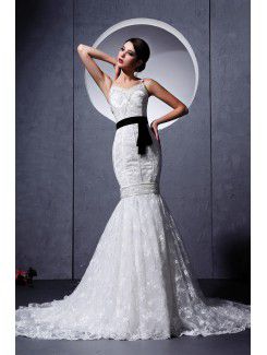 Lace Spaghetti Straps Chapel Train Mermaid Wedding Dress with Sash