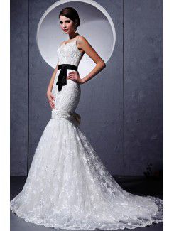 Lace Spaghetti Straps Chapel Train Mermaid Wedding Dress with Sash