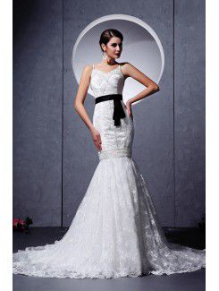 Lace Spaghetti Straps Chapel Train Mermaid Wedding Dress with Sash