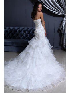 Organza Sweetheart Chapel Train Mermaid Wedding Dress with Embroidered and Ruffle