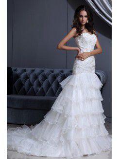 Organza Sweetheart Chapel Train Mermaid Wedding Dress with Embroidered and Ruffle