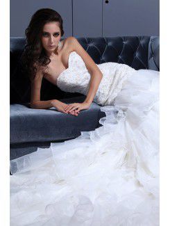 Organza Sweetheart Chapel Train Mermaid Wedding Dress with Embroidered and Ruffle