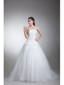 Satin and Net Strapless Sweep Train Ball Gown Embroidered Wedding Dress