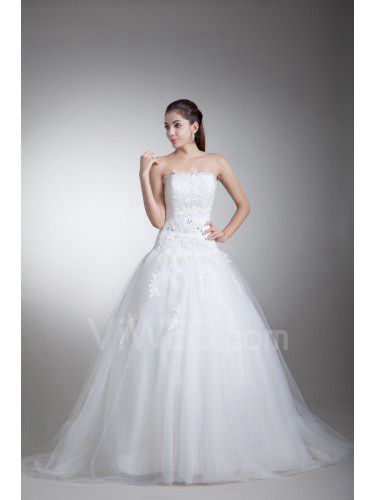 Satin and Net Strapless Sweep Train Ball Gown Embroidered Wedding Dress