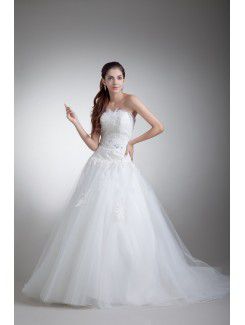 Satin and Net Strapless Sweep Train Ball Gown Embroidered Wedding Dress