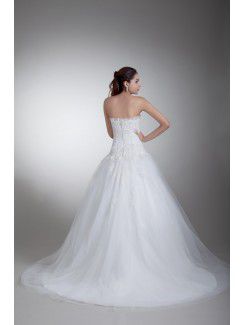 Satin and Net Strapless Sweep Train Ball Gown Embroidered Wedding Dress