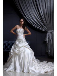 Satin Strapless Court Train Ball Gown Wedding Dress with Pleated Ruffle