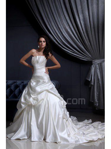 Satin Strapless Court Train Ball Gown Wedding Dress with Pleated Ruffle