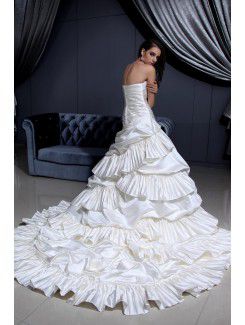 Satin Strapless Court Train Ball Gown Wedding Dress with Pleated Ruffle