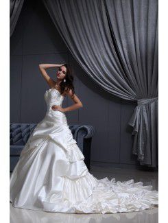 Satin Strapless Court Train Ball Gown Wedding Dress with Pleated Ruffle