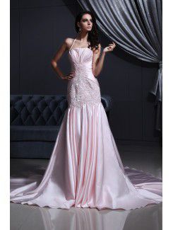 Satin Halter Court Train Mermaid Wedding Dress